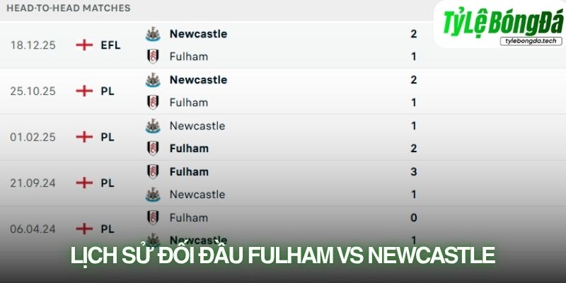 Lịch sử đối đầu Fulham vs Newcastle United