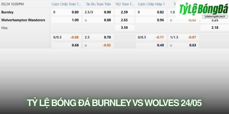 Tỷ lệ bóng đá Burnley vs Wolves 24/05