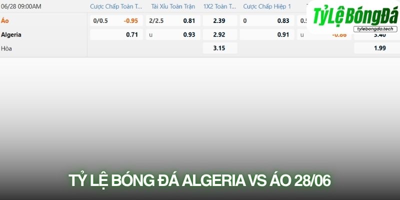 Tỷ lệ bóng đá Algeria vs Áo 28/06