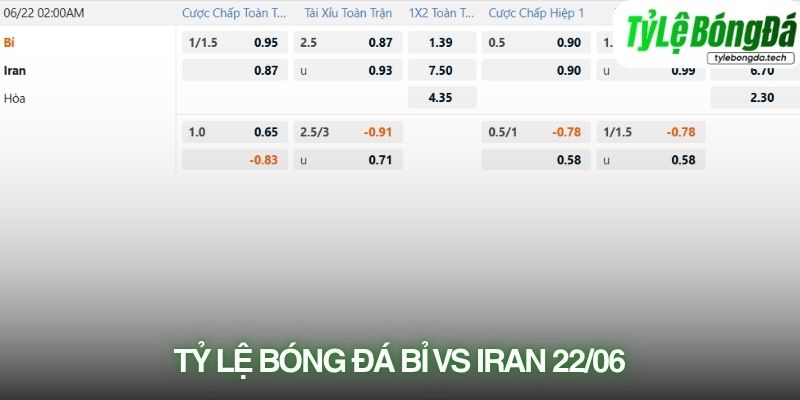 Tỷ lệ bóng đá Bỉ vs Iran 22/06