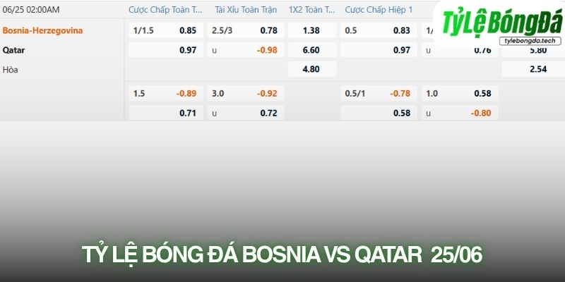 Tỷ lệ bóng đá Bosnia-Herzegovina vs Qatar 25/06