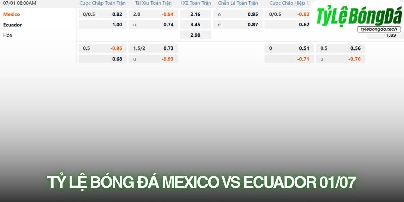 Tỷ lệ bóng đá Mexico vs Ecuador 01/07