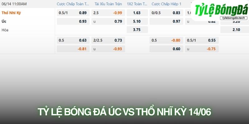 Tỷ lệ kèo thực tế Úc vs Thổ Nhĩ Kỳ 14/06