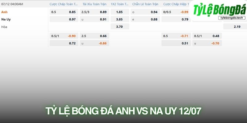 Tỷ lệ bóng đá Na Uy vs Anh 12/07