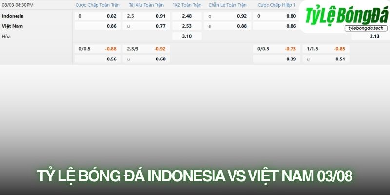 Tỷ lệ bóng đá Indonesia vs Việt Nam 03/08