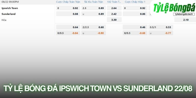 Tỷ lệ bóng đá Ipswich Town vs Sunderland 22/08