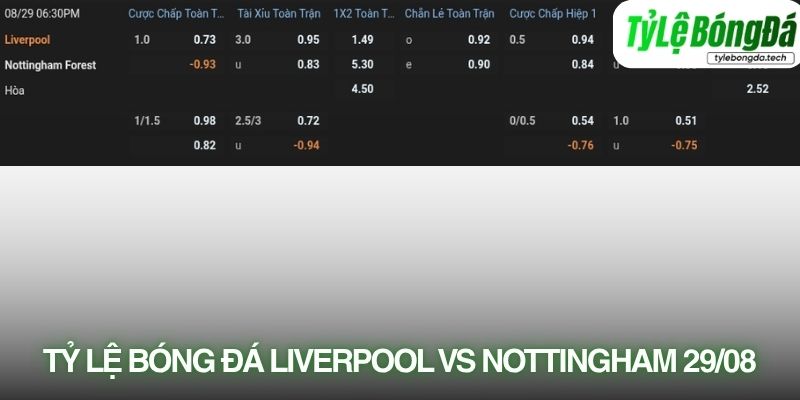 Tỷ lệ bóng đá Liverpool vs Nottingham Forest 29/08