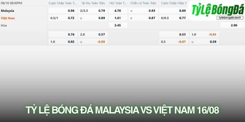 Tỷ lệ bóng đá Malaysia vs Việt Nam 16/08